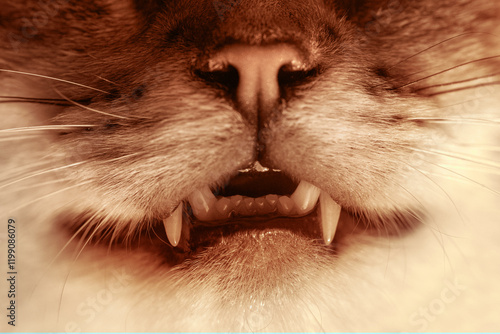 Full frame of macro portrait of cat's face. Nose, mouth, and teeth photo