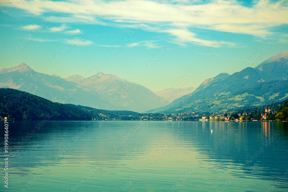 View of a mountain lake in autumn. Millstatt am See, Lake Millstatt in Carinthia, Austria, Europe