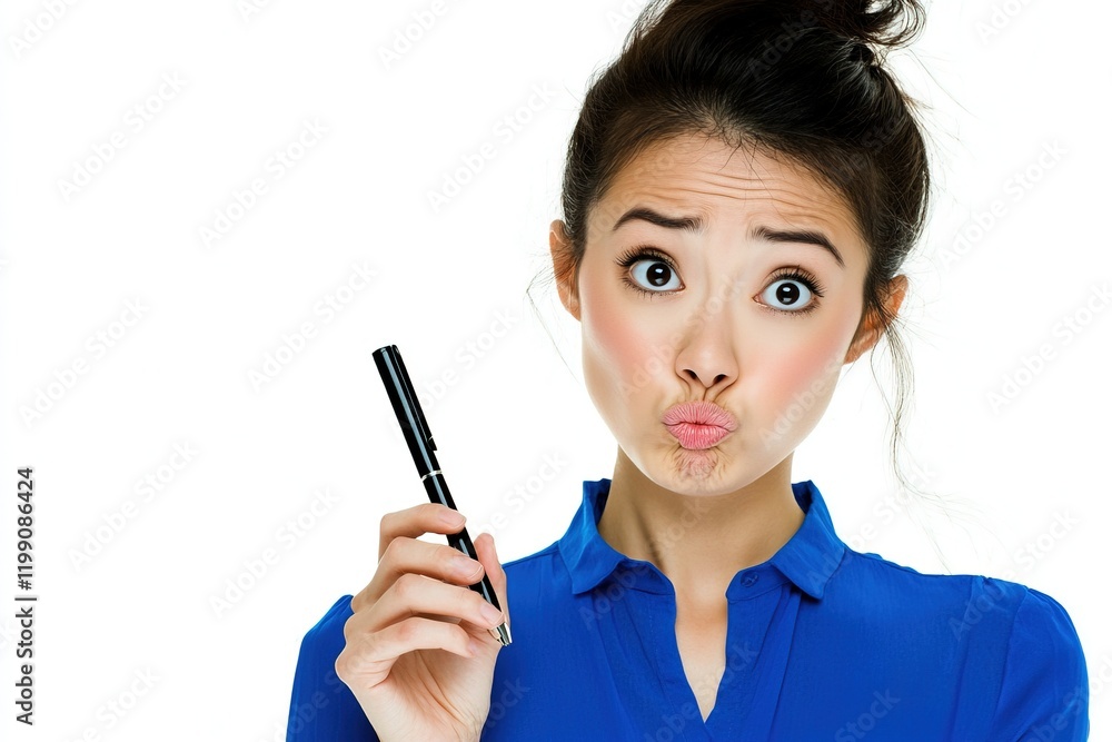 A woman makes a playful expression while holding a pen, suggesting curiosity or surprise. A woman makes a playful expression while holding a pen, suggesting curiosity or surprise.