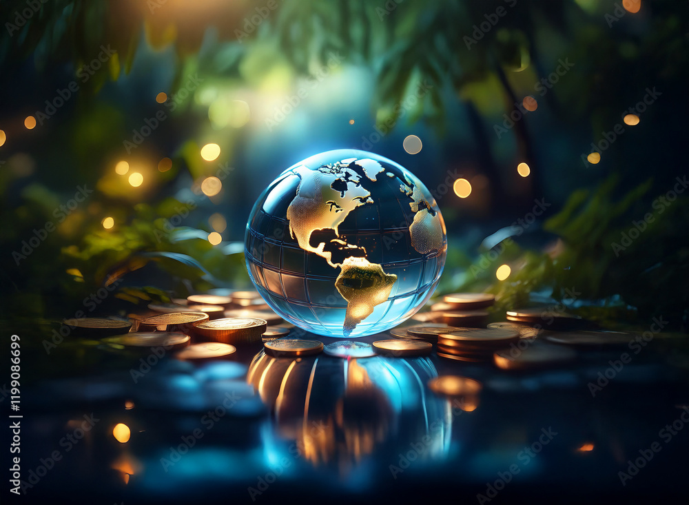 A glass globe rests on a pile of coins, surrounded by lush foliage and warm lighting. It symbolizes global finance within a natural environment, reflecting a delicate balance. A glass globe rests on a pile of coins, surrounded by lush foliage and warm lighting. It symbolizes global finance within a natural environment, reflecting a delicate balance.