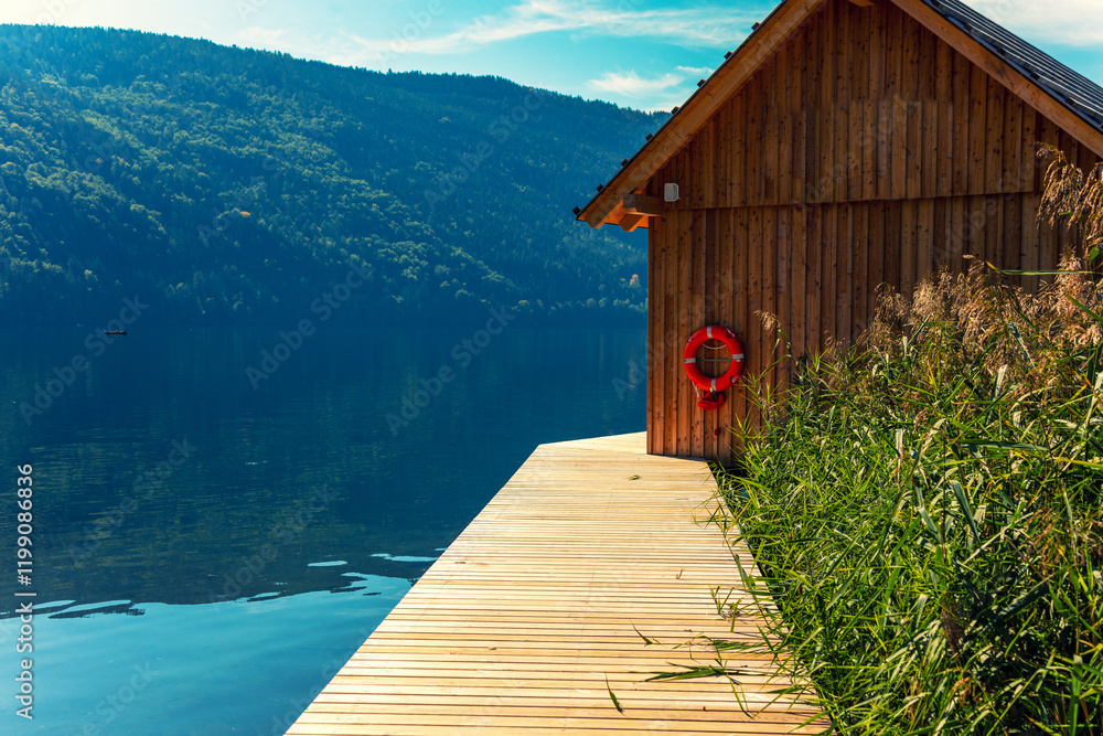 Fishing wooden hun on the lakeshore. Millstatt am See, Lake Millstatt in Carinthia, Austria, Europe