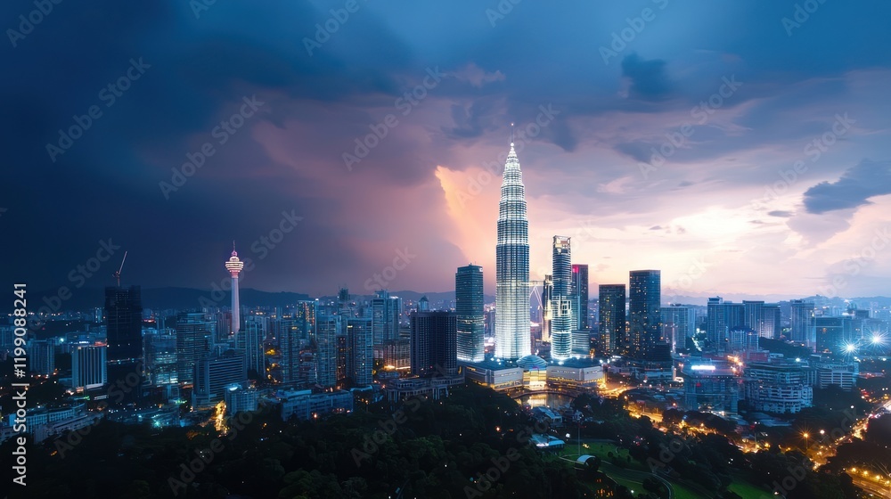 Fototapeta premium Dramatic City Skyline at Sunset
