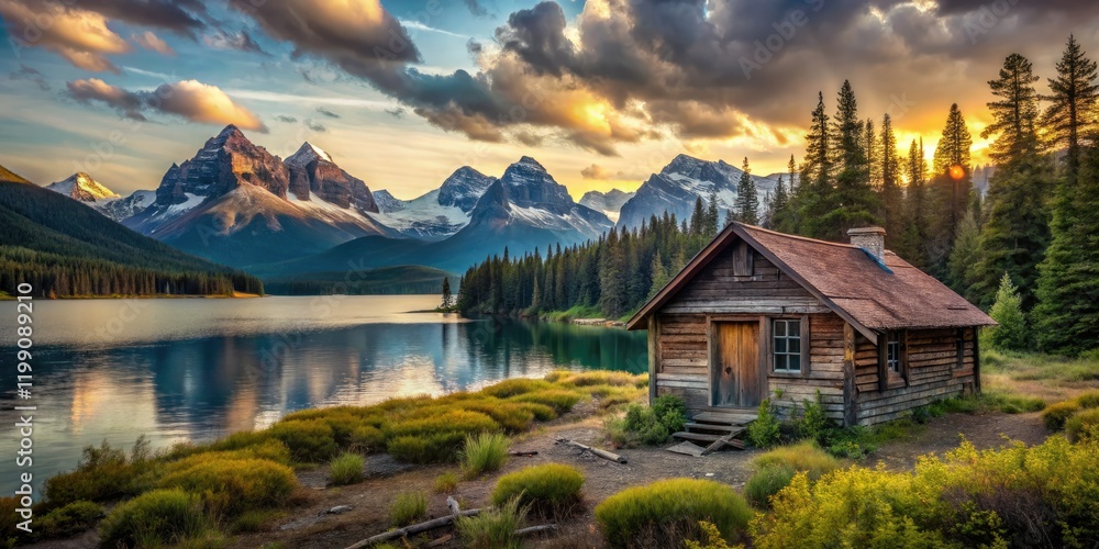 Fototapeta premium Explore Maligne Lake's abandoned cabin; stunning Canadian Rockies views await photographers.