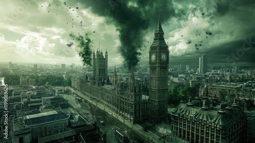 Wallpaper Mural London Parliament Building, apocalyptic cityscape, dark storm clouds, toxic smoke, destruction, disaster, ruined city, aerial view. Torontodigital.ca