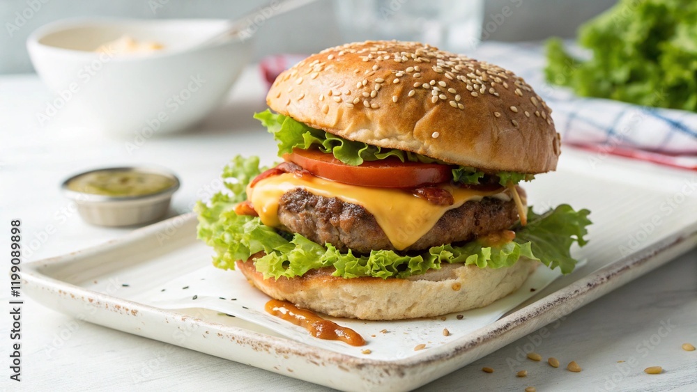 Close-up home-made beef burger on white table. Close-up home-made beef burger on white table.
