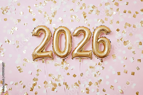 Gold balloons spell out the year 2026 on a pink background with confetti