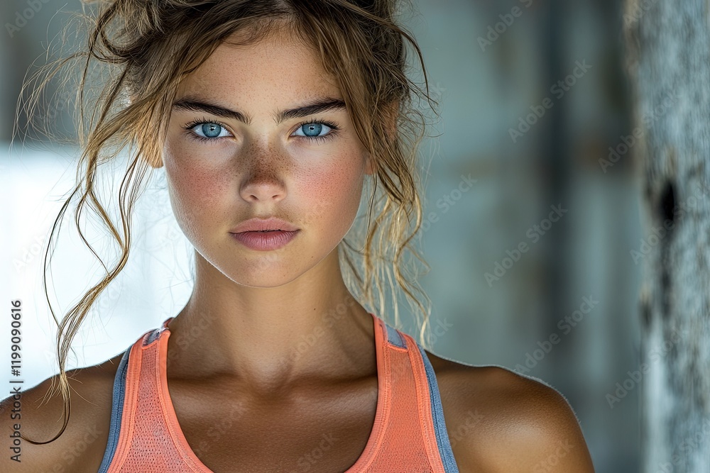 A close-up portrait of a young woman with striking blue eyes and a sporty outfit. A close-up portrait of a young woman with striking blue eyes and a sporty outfit.