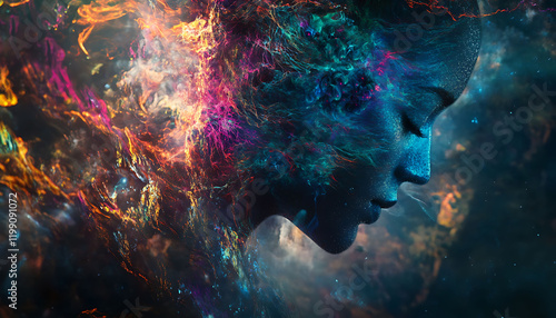 A serene profile of a woman blends seamlessly with cosmic elements and vibrant nebulas, symbolizing the unity of humanity and the universe.