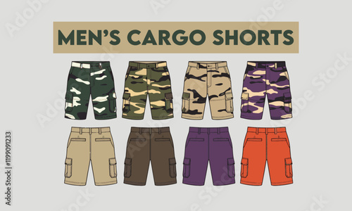 Modern Vector illustration of cargo shorts, Modern Short pants outlines drawing vector, Modern short pants in a sketch style, training template outline, vector Illustration, easily editable.