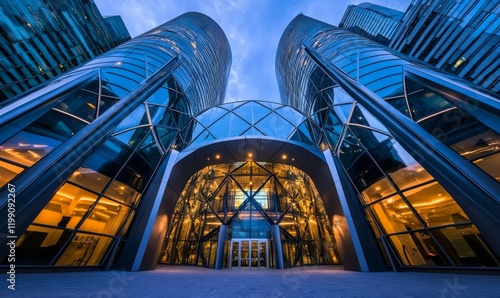 Wallpaper Mural From below of entrance of office building next to contemporary high rise structures with glass mirrored walls and illuminated lights in calgary city against cloudless blue sk Torontodigital.ca