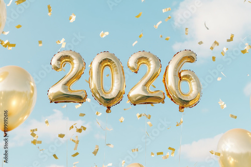 Celebration of the new year with golden balloons and confetti in 2026