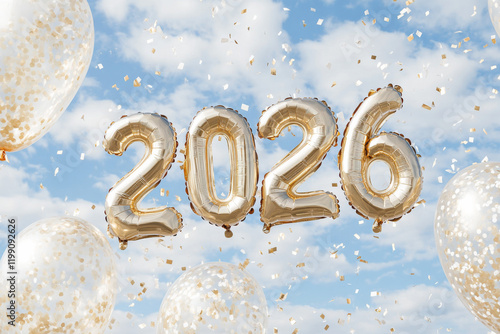 Celebration of the New Year 2026 with balloons and shimmering confetti