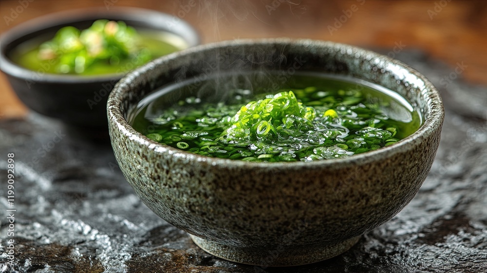 A steaming bowl of green soup garnished with chopped scallions, served in a rustic setting. A steaming bowl of green soup garnished with chopped scallions, served in a rustic setting.