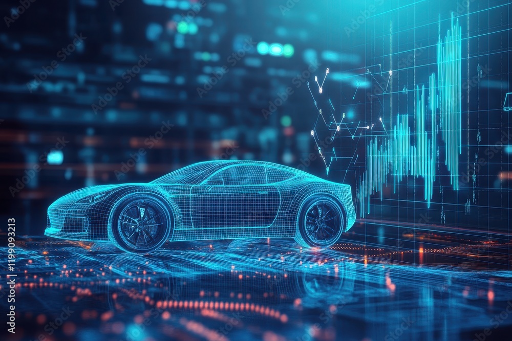 Futuristic 3D Render of a High-Performance Sports Car with Digital Graphs and Data Elements in a Technology-Driven Environment Futuristic 3D Render of a High-Performance Sports Car with Digital Graphs and Data Elements in a Technology-Driven Environment