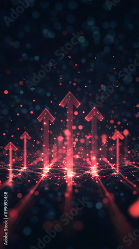 Red digital arrows are growing from a network, representing concepts like business growth, success and achievement