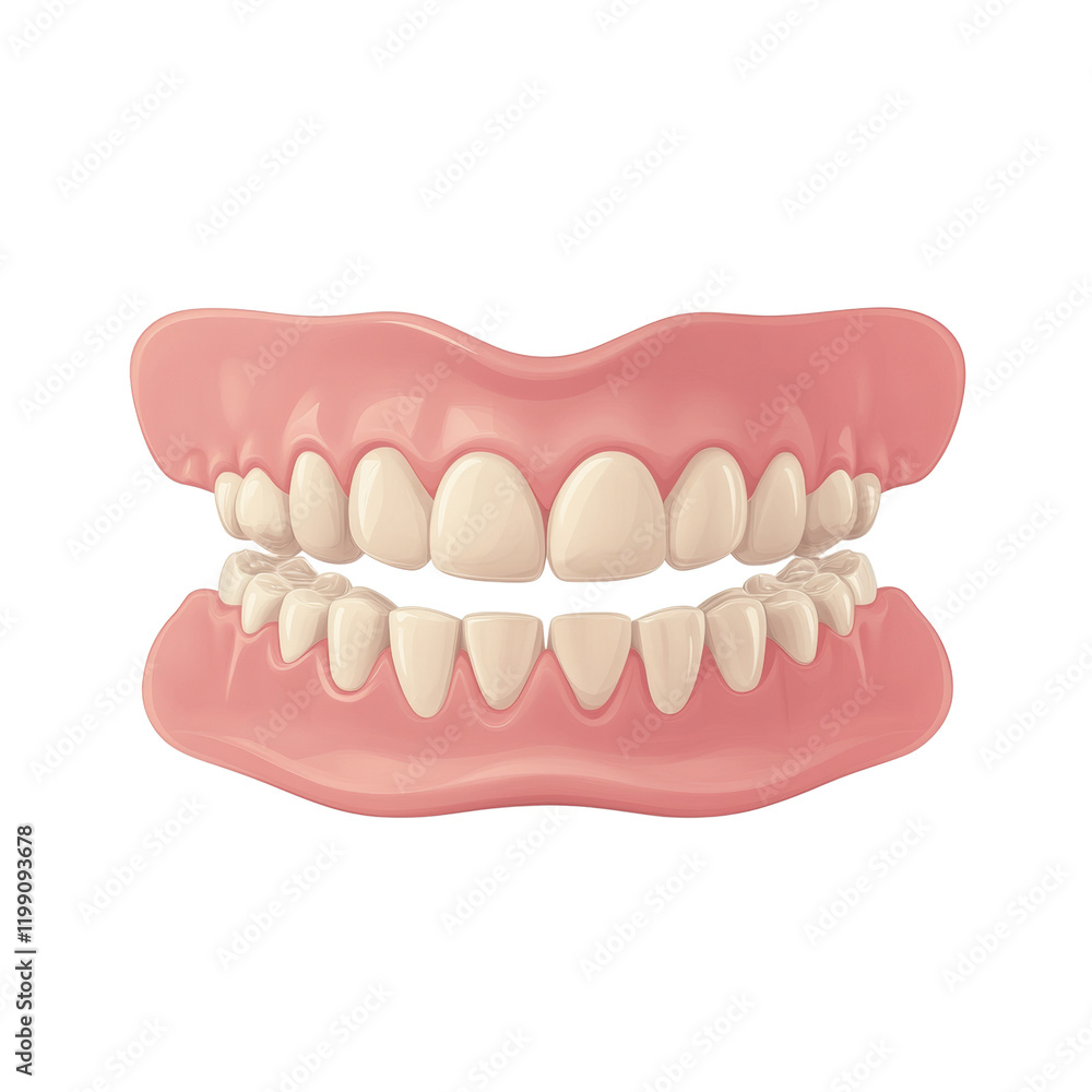 The image shows a digitally rendered model of a complete set of healthy human teeth and gums. The image shows a digitally rendered model of a complete set of healthy human teeth and gums.