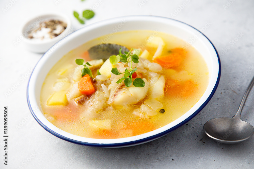 Clear soup with white fish and vegetables Clear soup with white fish and vegetables