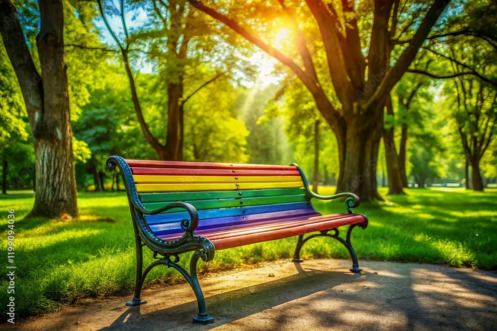 Pride Park Bench: Vibrant LGBTQ+ Rainbow Bench in Lush Green Park Setting Pride Park Bench: Vibrant LGBTQ+ Rainbow Bench in Lush Green Park Setting