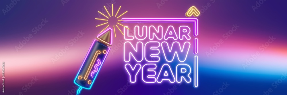 A 3D render of a creative minimalist Lunar New Year poster with a neon theme. There is a large firecracker with a lit fuse. The text A 3D render of a creative minimalist Lunar New Year poster with a neon theme. There is a large firecracker with a lit fuse. The text