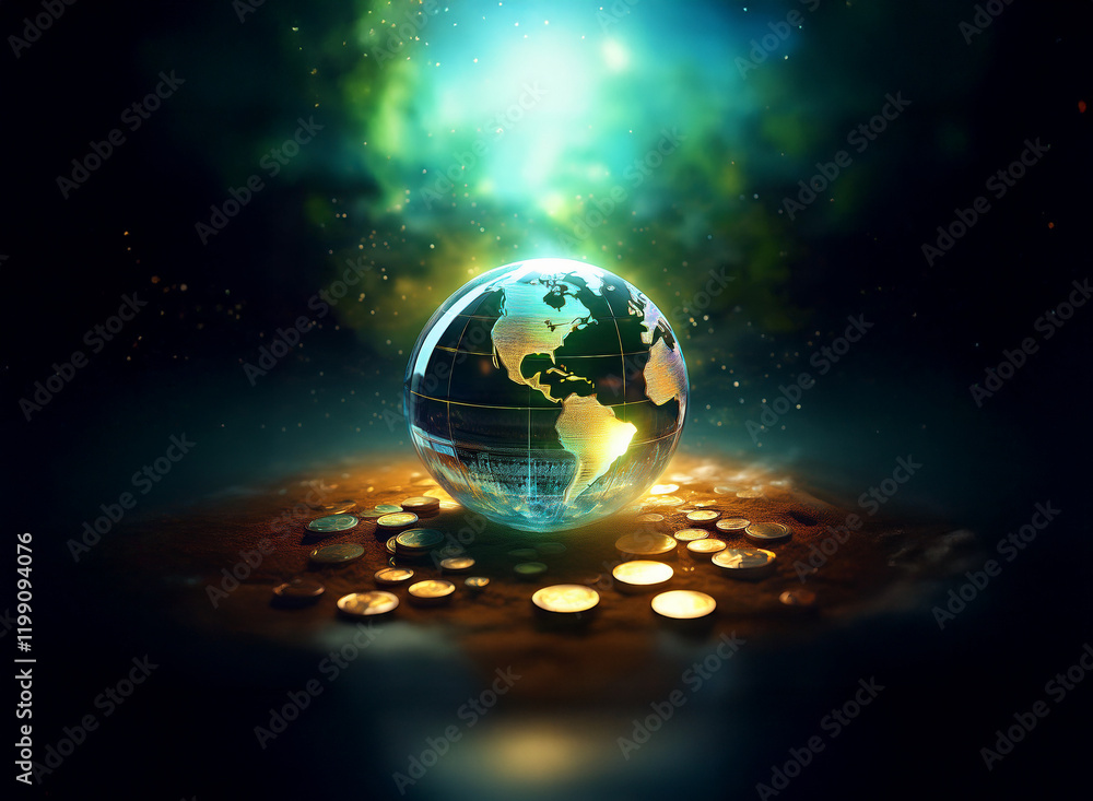A crystalline Earth globe rests on a bed of golden coins, illuminated by ethereal nebulae. Cosmic energy radiates, suggesting wealth and planetary power. A crystalline Earth globe rests on a bed of golden coins, illuminated by ethereal nebulae. Cosmic energy radiates, suggesting wealth and planetary power.