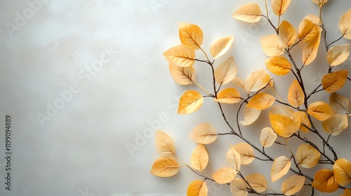 Golden autumn leaves on marble, copy space, fall background, design element