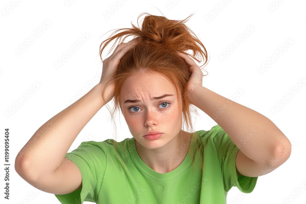 Frustrated young woman in green t-shirt holding head, isolated on transparent background Frustrated young woman in green t-shirt holding head, isolated on transparent background