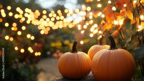 Three Pumpkins Illuminated by String Lights