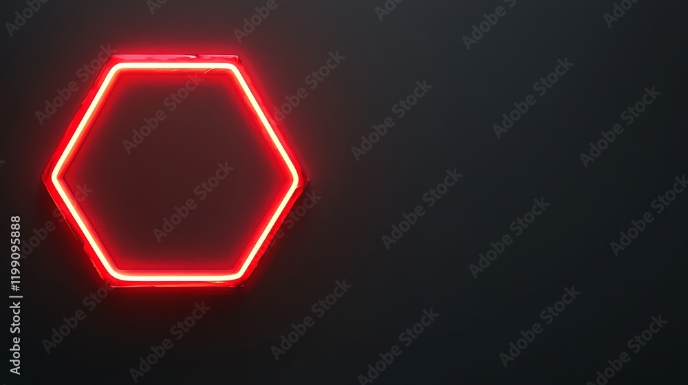 Red Neon Hexagon Shape on Dark Background Red Neon Hexagon Shape on Dark Background