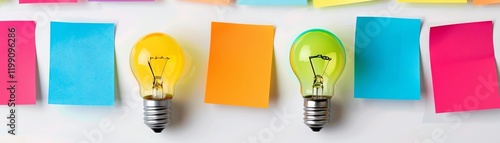 Innovation shared in a photo of sticky notes labeled with blank ideas on a whiteboard.