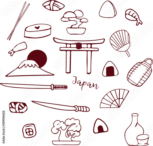 A set of vector doodle icons in Japanese style. Simple icons of sushi, onigiri, Mount Fuji, bonsai, katana, sake.