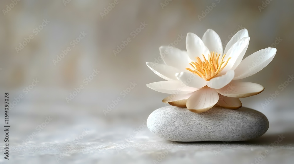 Serene white water lily atop smooth stone, tranquil background, spa relaxation Serene white water lily atop smooth stone, tranquil background, spa relaxation