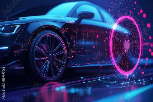 Futuristic Car Design with Digital Interface and Neon Lights Highlighting Contemporary Automotive Technology Innovations