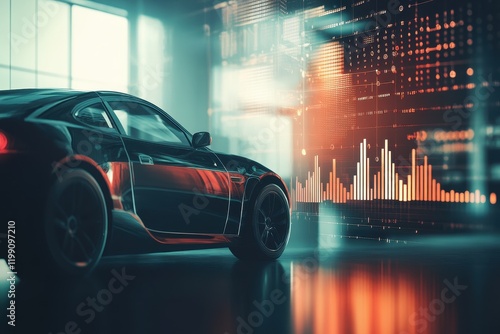 Futuristic Car in a High-Tech Environment with Data Visualization and Neon Accents, Perfect for Technology, Automotive, and Innovation Themes