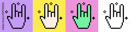 Rock hand icon set. Pixel art pattern for concert, music festival, party. Y2k cool badge element. Geometric bright modern shape for collage sticker, poster, stamp. Vector illustration. Retro 90s style