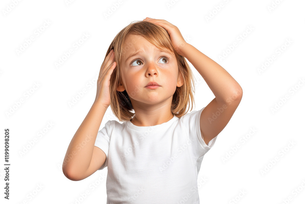 Little girl holding head in confusion, isolated on transparent background Little girl holding head in confusion, isolated on transparent background