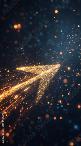 Luminous golden arrow rising through glowing orange digital particles against deep blue bokeh backdrop