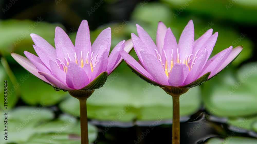 Obraz premium Beautiful pink water lilies blooming gracefully in a tranquil pond setting