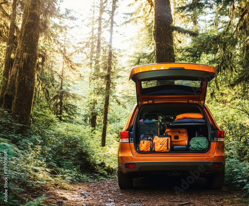 Bright orange car parked in a lush forest, ready for an outdoor adventure with camping gear packed in the trunk photo