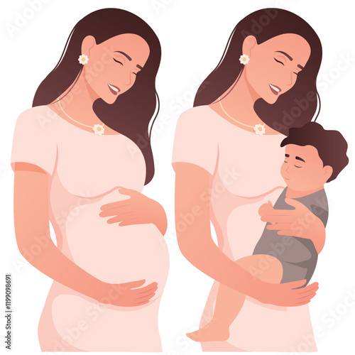 Vector image of a woman with a child. Concept of motherhood and family with a child. Element for design