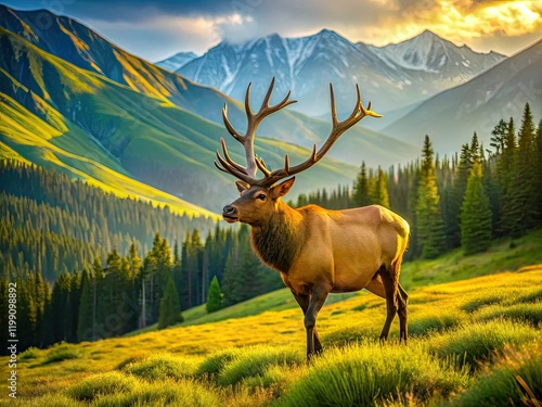 Majestic elk graze in a vibrant mountain meadow; a breathtaking aerial perspective. photo