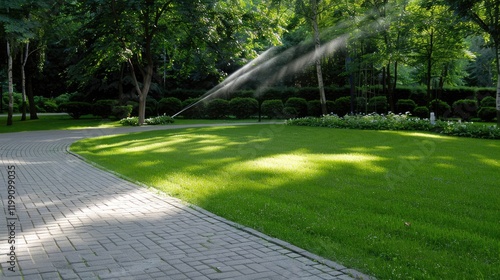 Fototapeta Naklejka Na Ścianę i Meble -  Bright sunlight illuminates a summer garden adorned with colorful flowers and green grass. A brick path winds through the scenic landscape while a sprinkler refreshes the greenery