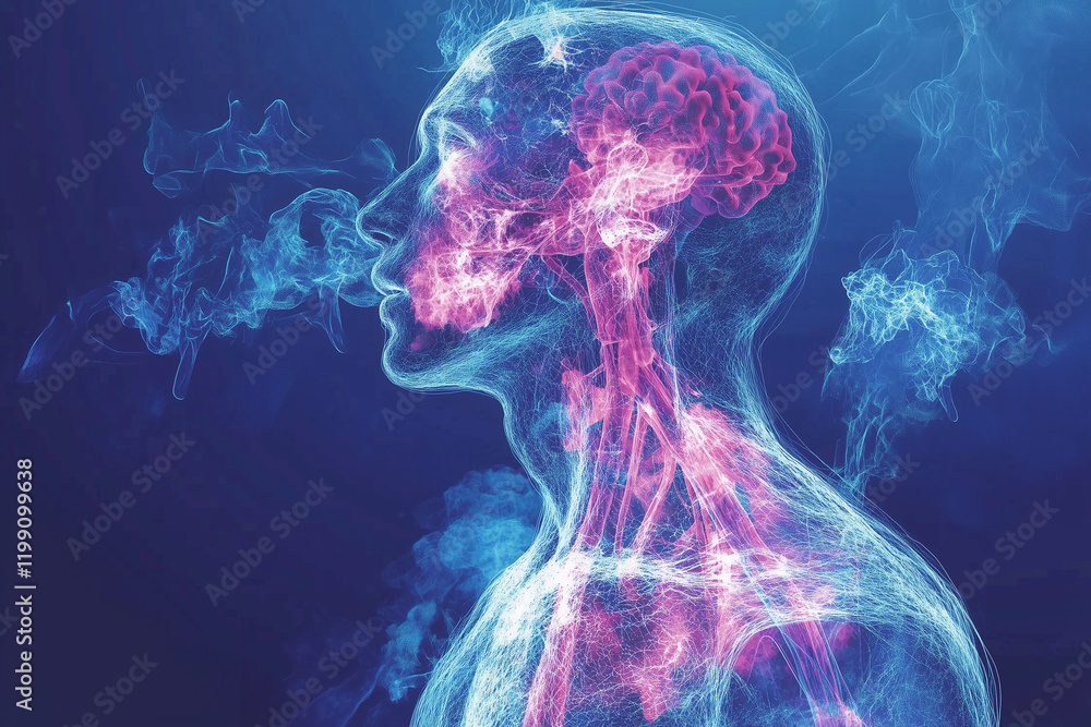 An educational artistic depiction shows tuberculosis bacteria spreading through the respiratory system, visualized through colorful pathways and luminescent particles. An educational artistic depiction shows tuberculosis bacteria spreading through the respiratory system, visualized through colorful pathways and luminescent particles.