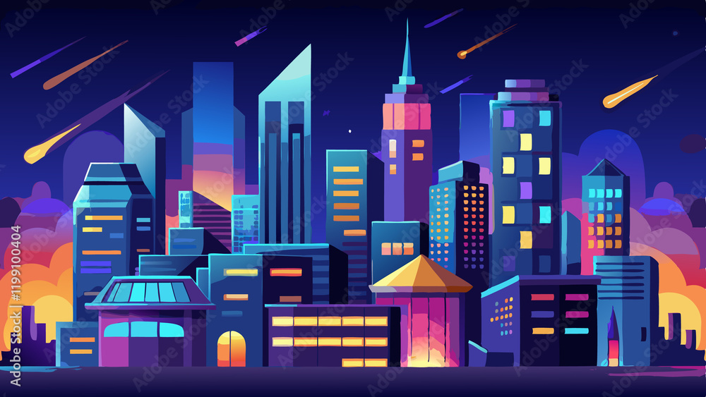 Fototapeta premium AI Generated vibrant cityscape at night with glowing windows and a serene starry sky