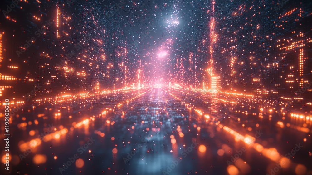 Glowing digital cityscape at night, futuristic road. Glowing digital cityscape at night, futuristic road.