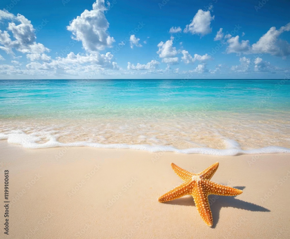 Starfish rests on sandy beach with clear turquoise waters under a bright blue sky in a tropical paradise Starfish rests on sandy beach with clear turquoise waters under a bright blue sky in a tropical paradise