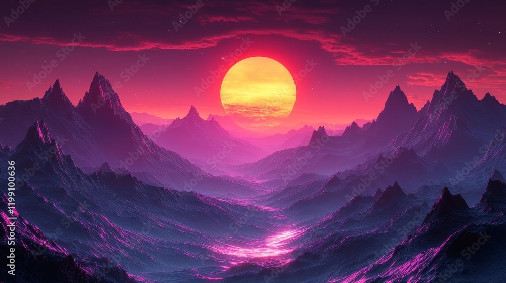 Vibrant synthwave horizon with neon grid and mountains. Generative AI Vibrant synthwave horizon with neon grid and mountains. Generative AI