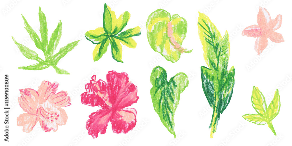 Fototapeta premium Clip art of bright tropical flowers and plants drawn with wax crayons on white isolated background. Children's botany collection of oil pastel illustrations. 