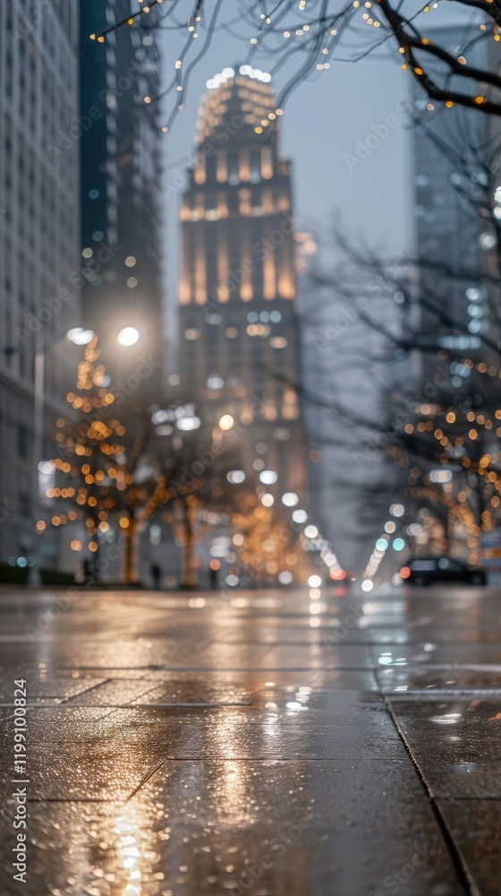 Obraz premium Beautifully illuminated asphalt road in the city enveloped in fog at night. Bright streetlamps cast a warm glow while blurry traffic lights suggest fast-moving transportation