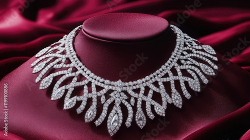 A diamond bib necklace displayed on a burgundy satin background, with luxurious detailing photo