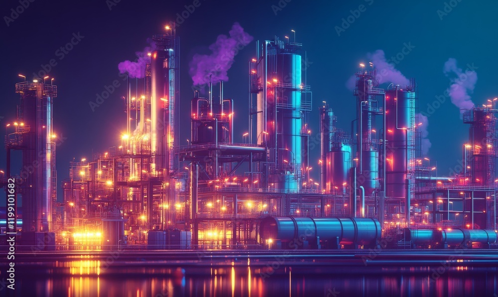 Obraz premium Industry pipeline transport petrochemical, gas and oil processing, furnace factory line, rack of heat chemical manufacturing, equipment steel pipes plant with